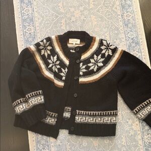 The Great Black Fair Isle Wool Cardigan with White & Brown Accents